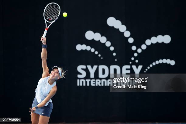 Elena Vesnina of Russia serves in her 2nd round match against Dominika Cibulkova of Slovakia during day three of the 2018 Sydney International at...