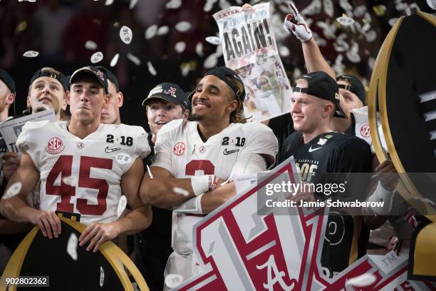 Jalen Hurts of the Alabama Crimson Tide celebrates after defeating the Georgia Bulldogs during the College Football Playoff National Championship...