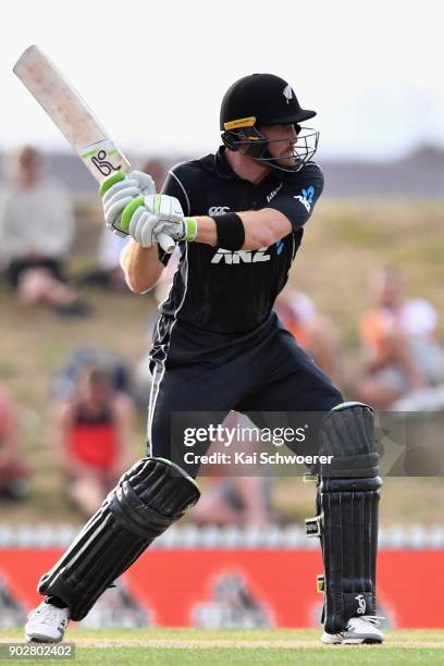 Martin Guptill of New Zealand bats during the second match in the One Day International series between New Zealand and Pakistan at Saxton Field on...