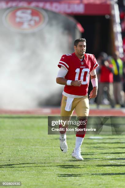 San Francisco 49ers quarterback Jimmy Garoppolo enters the field prior to a NFL football game against the Tennessee Titans on Sunday, Dec. 17 in...