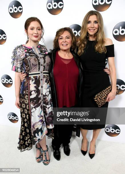 Actresses Emma Kenney, Roseanne Barr, and Sarah Chalke attend Disney ABC Television Group's TCA Winter Press Tour 2018 at The Langham Huntington,...