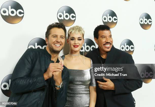 Luke Bryan, Katy Perry and Lionel Richie attend the Disney ABC Television Group hosts TCA Winter Press Tour 2018 held at The Langham Huntington on...