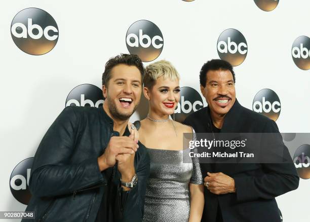 Luke Bryan, Katy Perry and Lionel Richie attend the Disney ABC Television Group hosts TCA Winter Press Tour 2018 held at The Langham Huntington on...