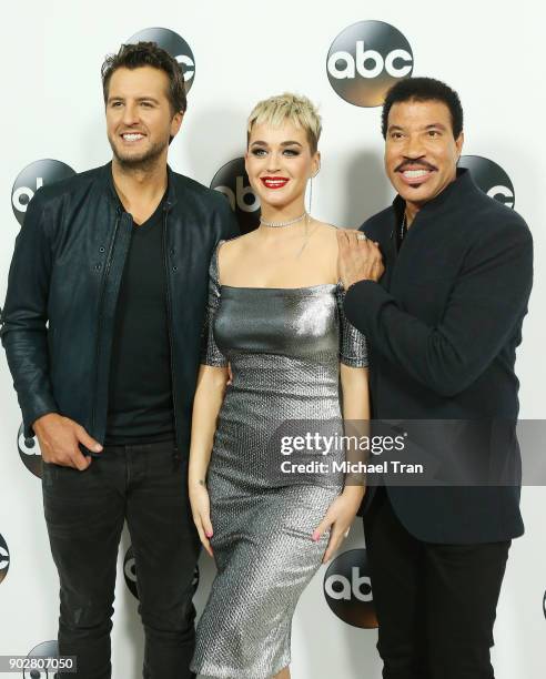 Luke Bryan, Katy Perry and Lionel Richie attend the Disney ABC Television Group hosts TCA Winter Press Tour 2018 held at The Langham Huntington on...