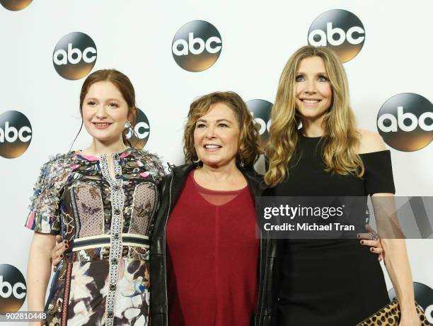 Emma Kenney, Roseanne Barr and Sarah Chalke attend the Disney ABC Television Group hosts TCA Winter Press Tour 2018 held at The Langham Huntington on...