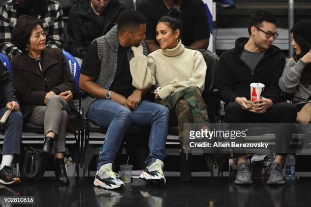 Actress Shay Mitchell and Matte Babel attend a basketball game between the Los Angeles Clippers and the Atlanta Hawks at Staples Center on January 8,...
