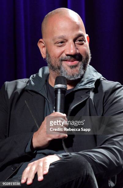 Director Allen Hughes speaks onstage at Reel To Reel: The Defiant Ones featuring a conversation with Jimmy Iovine and Allen Hughes at The GRAMMY...
