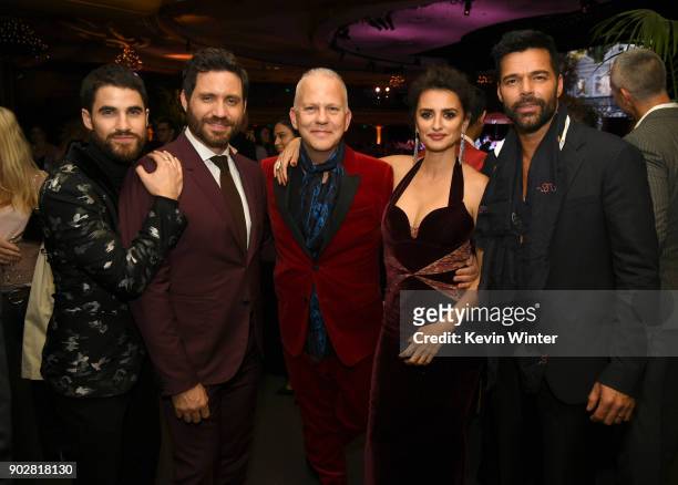 Actors Darren Criss, Edgar Ramirez, executive producer Ryan Murphy, actors Penelope Cruz and Ricky Martin pose at the after party for the premiere of...