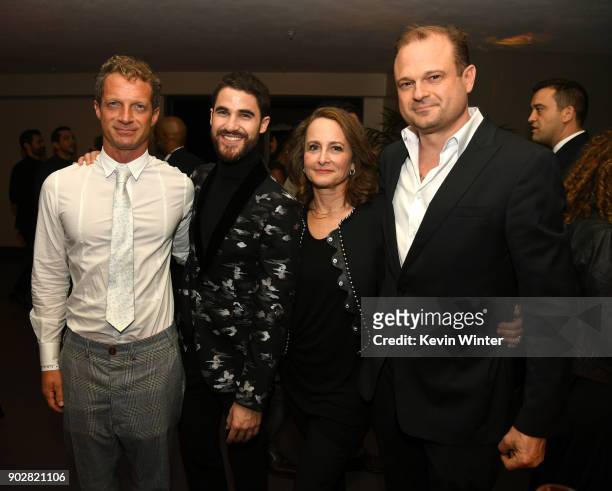 Writer Tom Rob Smith, actor Darren Criss, executive producers Nina Jacobson and Brad Simpson pose at the after party for the premiere of FX's "The...