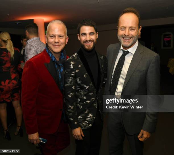 Executive producer Ryan Murphy, actor Darren Criss and John Landgraf, CEO, FX Network pose at the after party for the premiere of FX's "The...