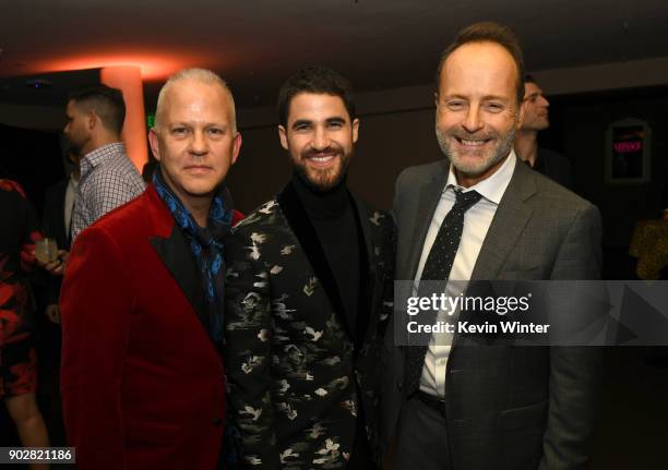 Executive producer Ryan Murphy, actor Darren Criss and John Landgraf, CEO, FX Network pose at the after party for the premiere of FX's "The...