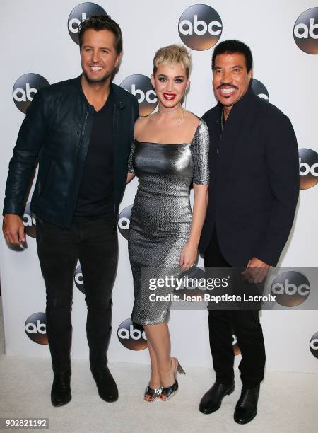 Luke Bryan, Katy Perry, and Lionel Richie attend the Disney ABC Television Group Hosts TCA Winter Press Tour 2018 on January 8, 2018 in Pasadena,...