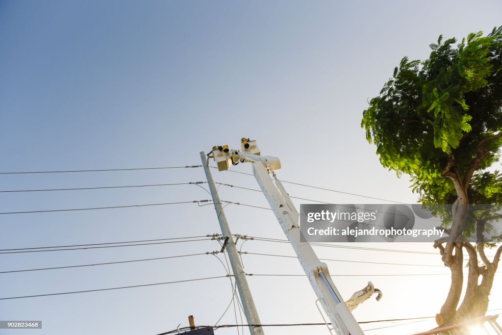 電力線の修理電気労働者