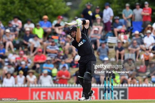 Martin Guptill of New Zealand bats during the second match in the One Day International series between New Zealand and Pakistan at Saxton Field on...