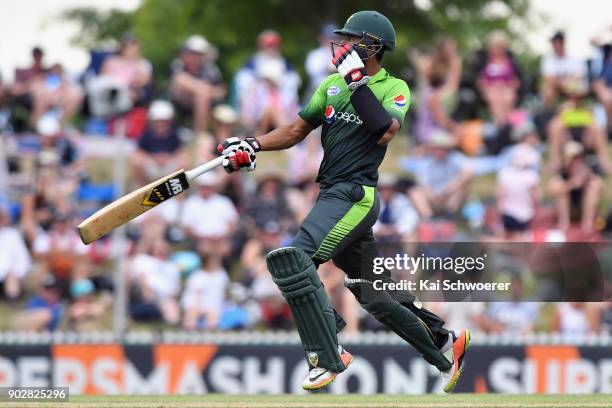 Hasan Ali of Pakistan celebrates scoring his first ODI half century during the second match in the One Day International series between New Zealand...