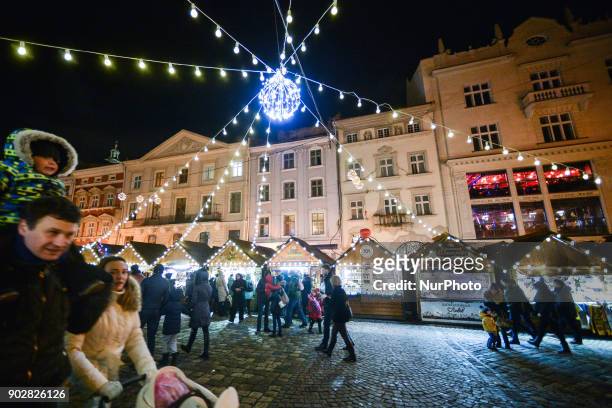 General view of Lviv's Rynok Square with Christmas Market and decorations. On Monday, 8 January 2018, in Lviv, Ukraine.