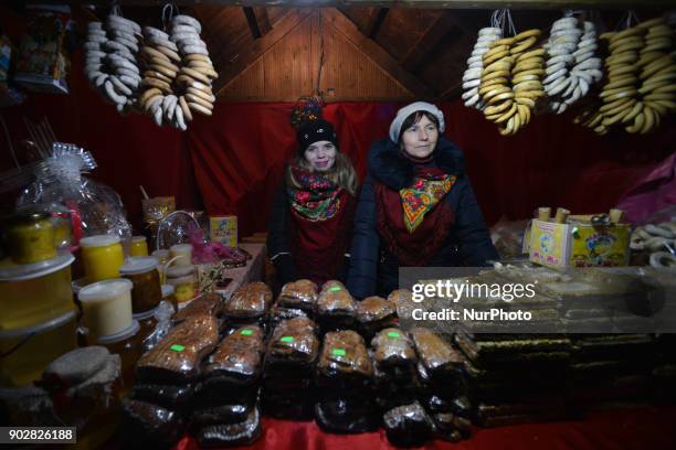 One of many stands salling traditional local products and specialities, a part of Lviv's Christmas Market. On Monday, 8 January 2018, in Lviv,...