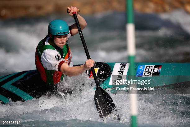 Lena Stoecklin of Germany in action during the Wadi Adventure International Canoe Slalom Winter Training Camp at Wadi Adventure on January 9, 2018 in...