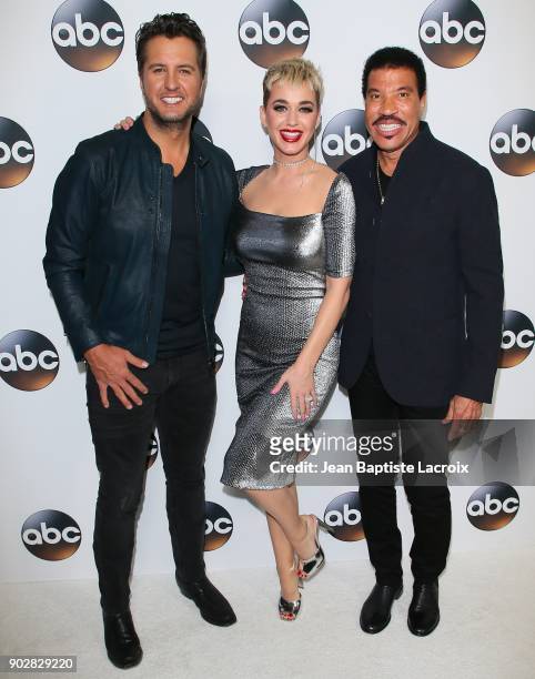 Luke Bryan, Katy Perry, and Lionel Richie attend the Disney ABC Television Group Hosts TCA Winter Press Tour 2018 on January 8, 2018 in Pasadena,...