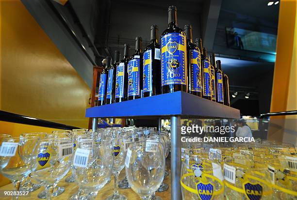 Bottles of Malbec wine named Azul y Oro are displayed at Boca's Passion Museum , in Buenos Aires' La Boca neighbourhood on August 21, 2009. La Boca...