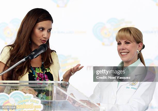 Hostess Argelia Atilano and Dra. Aliza attend the baby looney tunes and Dra. Aliza partnership launch held at Plaza Mexico on September 1, 2009 in...