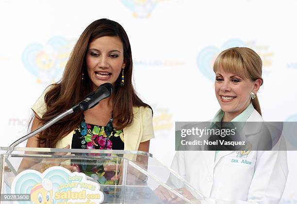 Hostess Argelia Atilano and Dra. Aliza attend the baby looney tunes and Dra. Aliza partnership launch held at Plaza Mexico on September 1, 2009 in...