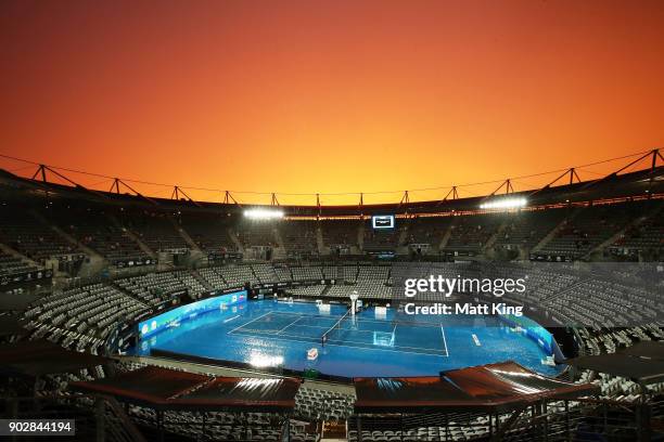 Genral view of Ken Rosewall Arena as rain stops play during day three of the 2018 Sydney International at Sydney Olympic Park Tennis Centre on...