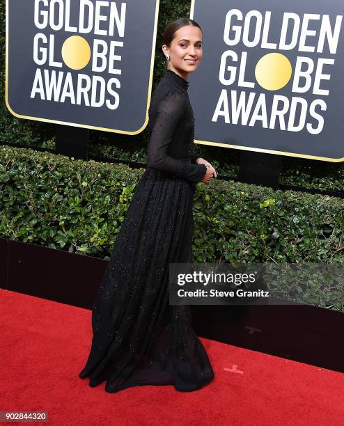 Alicia Vikander arrives at the 75th Annual Golden Globe Awards at The Beverly Hilton Hotel on January 7, 2018 in Beverly Hills, California.