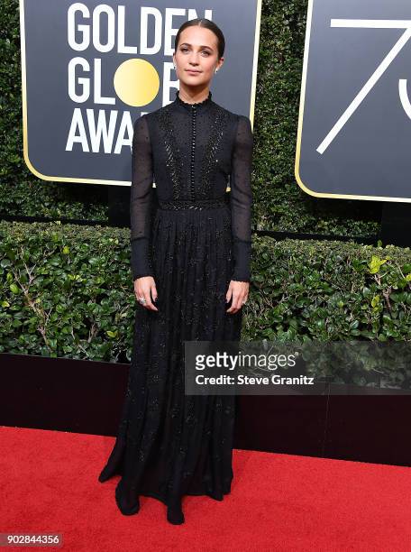 Alicia Vikander arrives at the 75th Annual Golden Globe Awards at The Beverly Hilton Hotel on January 7, 2018 in Beverly Hills, California.