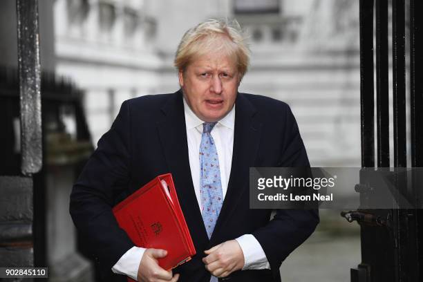 Foreign Secretary Boris Johnson arrives as government ministers attend the first Cabinet meeting of the year at 10 Downing Street on January 9, 2018...