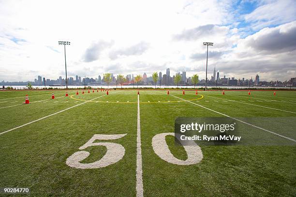 football field with manhattan in background - 50ヤードライン ストックフォトと画像
