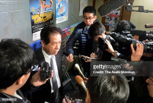 Osahiro Haruzono, director of the Japan Canoe Federation, faces the media on January 9, 2018 in Tokyo, Japan. 32-year-old Yasuhiro Suzuki, desperate...
