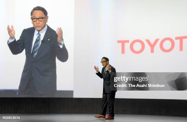 Toyota Motor Co President Akio Toyoda introduces the e-Palette Concept Vehicle, a fully autonomous, battery-electric vehicle with open control...