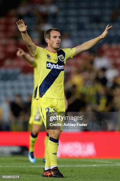Wout Brama of the Mariners questions a decision during the round 15 A-League match between the Newcastle Jets and the Central Coast Mariners at...