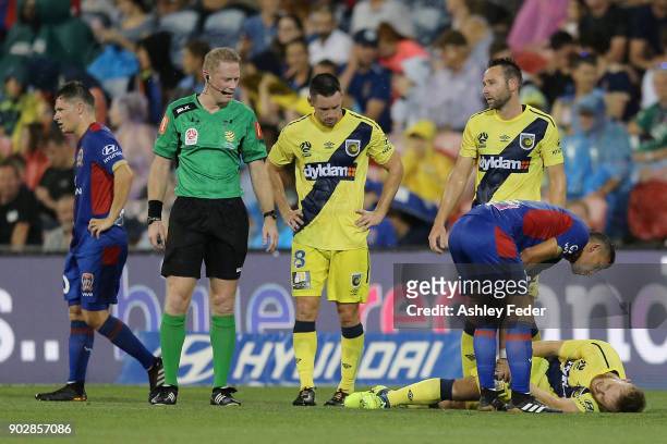 Connor Pain of the Mariners on the ground during the round 15 A-League match between the Newcastle Jets and the Central Coast Mariners at McDonald...