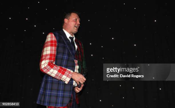 Doddie Weir, the former Scotland international and Newcastle Falcons player, address the audience during the Rugby Union Writers' Club Annual Dinner...