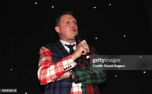 Doddie Weir, the former Scotland international and Newcastle Falcons player, address the audience during the Rugby Union Writers' Club Annual Dinner...