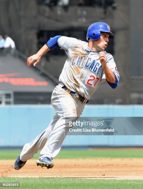 Sam Fuld of the Chicago Cubs runs the bases during the game against the Los Angeles Dodgers at Dodger Stadium on August 22, 2009 in Los Angeles,...