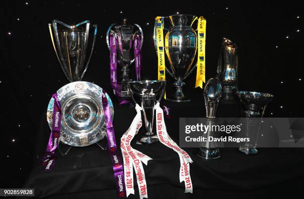 Rugby Trophies during the Rugby Union Writers' Club Annual Dinner & Awards at the London Marriott Hotel Grosvenor Square on January 8, 2018 in...