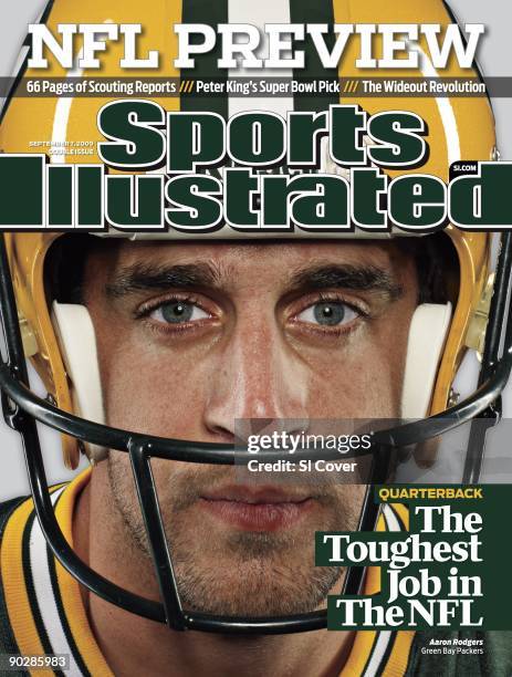 September 7, 2009 Sports Illustrated via Getty Images Cover: Football: Season Preview: Closeup portrait of Green Bay Packers QB Aaron Rodgers during...