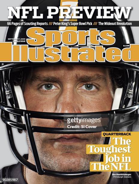 September 7, 2009 Sports Illustrated via Getty Images Cover: Football: Season Preview: Closeup portrait of Pittsburgh Steelers QB Ben Roethlisberger...