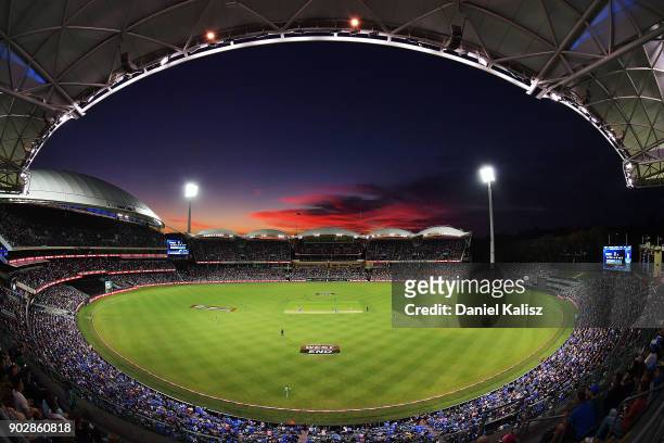 General view of play at sunset during the Big Bash League match between the Adelaide Strikers and the Melbourne Stars at Adelaide Oval on January 9,...