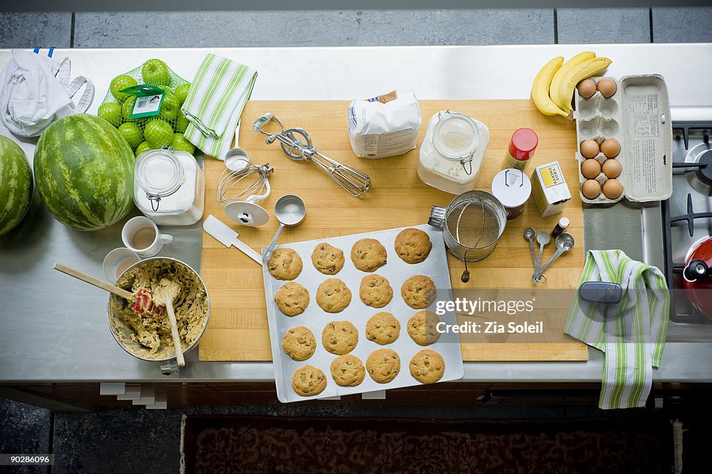 Overhead view of kitchen counter with cookies 