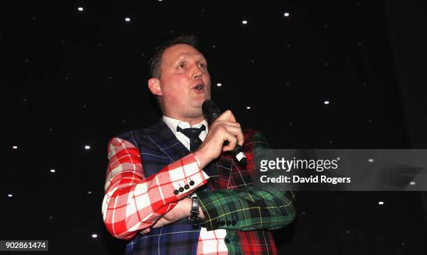 Doddie Weir, the former Scotland international and Newcastle Falcons player, addresses the audience during the Rugby Union Writers' Club Annual...