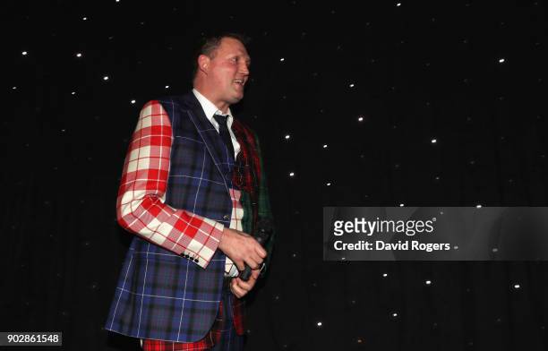 Doddie Weir, the former Scotland international and Newcastle Falcons player, addresses the audience during the Rugby Union Writers' Club Annual...