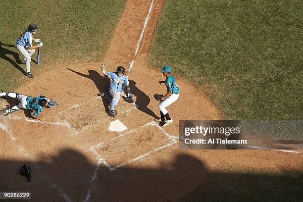 Little League World Series: Asia Pacific Hung Yuan Lin in action, covering home plate vs US Team West during Championship Game at Howard J. Lamade...