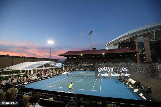 Marcos Baghdatis of Cyprus competes in his match against Frances Tiafoe of the USA on day two of the 2018 World Tennis Challenge at Memorial Drive on...