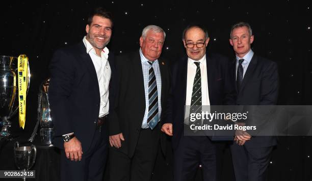 Schalk Brits, of Saracens, Tony Rowe, owner of Exeter Chiefs, Rob Howley , Lions assistant coach, present Michael Harrison, chairman of Wharfedale...