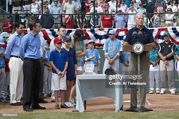 Little League World Series: United States Vice President Joe Biden during ceremony before Championship Game between US Team West vs Asia Pacific at...