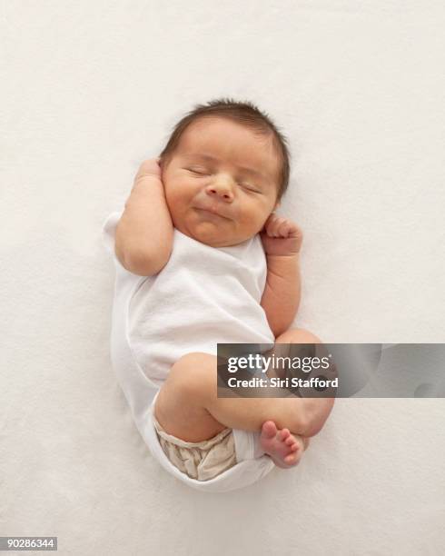 newborn baby boy, curled up in fetal position - sólo bebés fotografías e imágenes de stock
